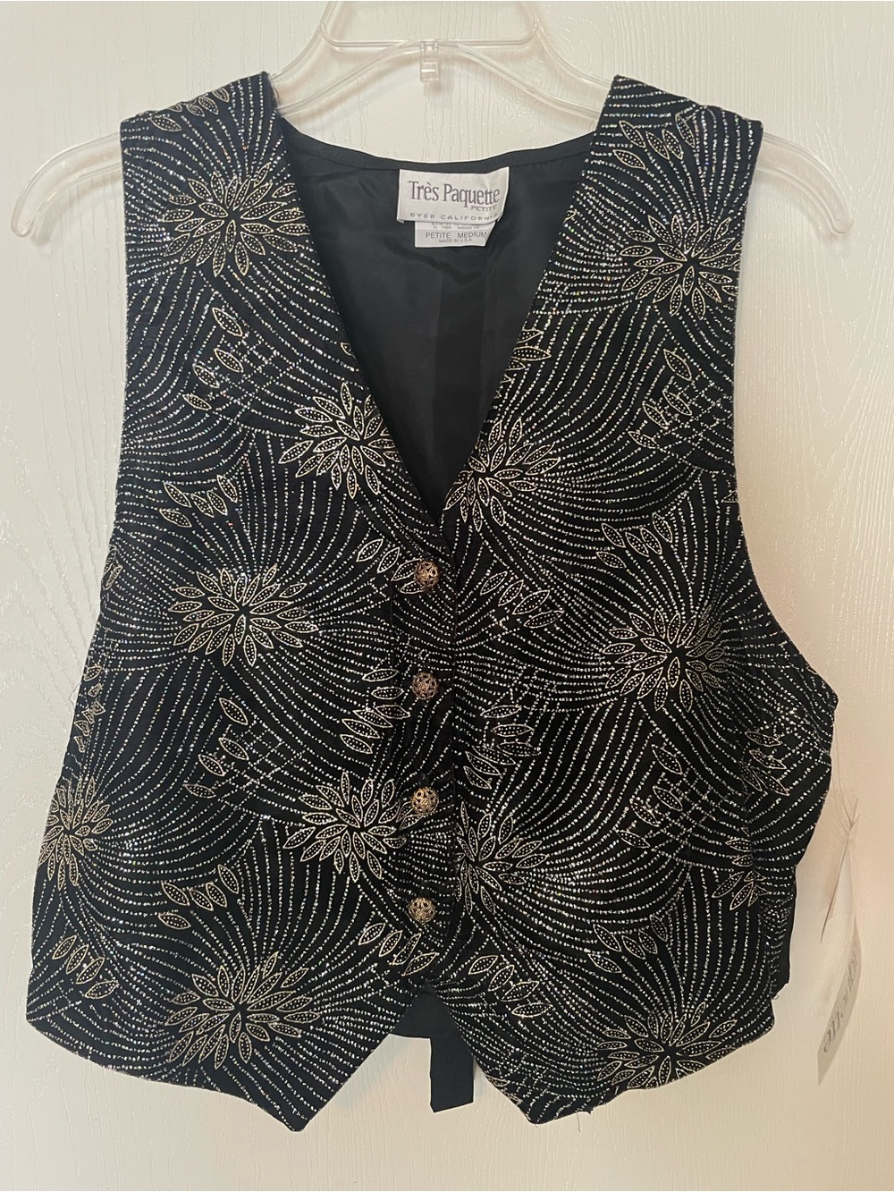 NWT Vintage 90s Tres Paquette Velvet Glitter Vest Silver Hologram Shiny PM USA